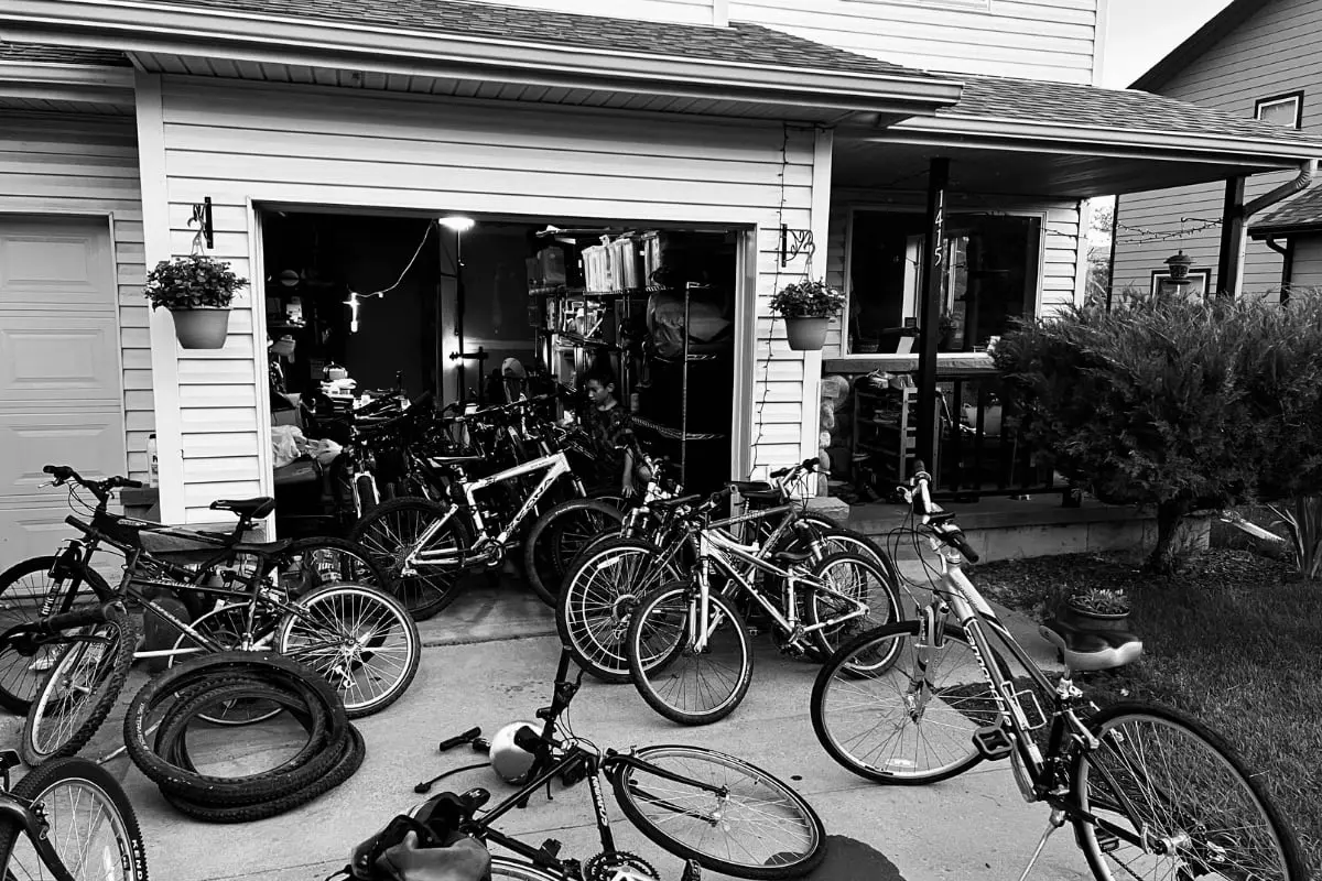 a garage full of donated bikes